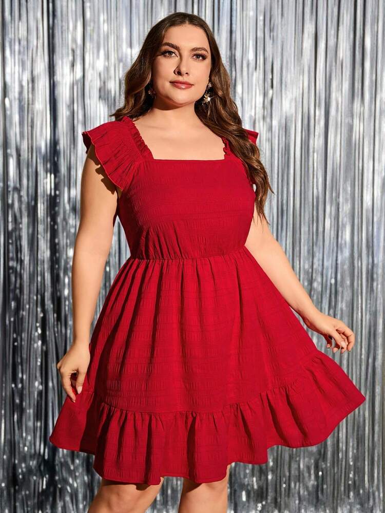 Plus Square Neck Ruffle Hem Dress