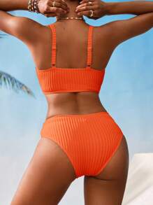 Swim Vcay 女士 V 领纹理条纹橙色比基尼泳装套装 - 橘色 - 查看 2