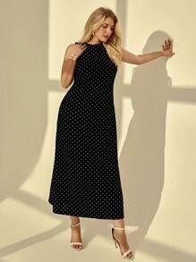 Auralis 大码女士春夏时尚优雅舒适黑色波点后背镂空长裙，婚礼宾客礼服女士，黑色连衣裙优雅大方