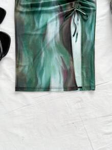 Soleia 全新针织日落印花扭纹细节金属装饰短款上衣和开衩下摆绿色半身裙 2 件套