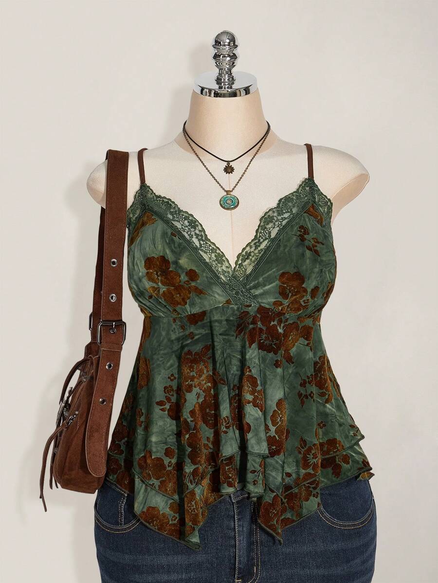 SHEIN ICON 加大码嬉皮女式蕾丝撞色印花不对称下摆吊带背心，适合节日、暑假、毕业季和返校季 - 綠色 - 查看 1