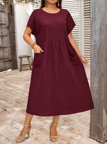 EMERY ROSE 大码女式海军蓝短袖休闲连衣裙，夏季 - 酒紅色 - 查看 6