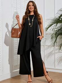 EMERY ROSE Set de 2 piezas Talla grande Mujeres Elegante Casual Blusa con bajo asimétrico y Pantalones cortos con abertura en la pierna Conjunto de Verano para Mujeres - Negro - Ver 5