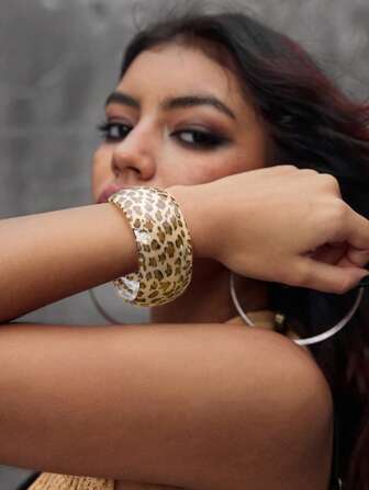 Grunge Punk 1pc Leopard Print Punk Retro Open Bangle Bracelet, Personalized Hip Hop Wrist Decor