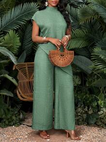 SHEIN Lady 大码女式纯色立领蝙蝠袖短袖不对称下摆衬衫和阔腿裤休闲两件套 - 薄荷綠 - 查看 3