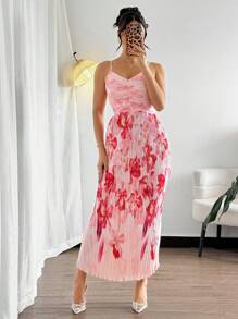 Modelyn 粉色细肩带数码印花百褶腰度假连衣裙 - 彩色 - 查看 5