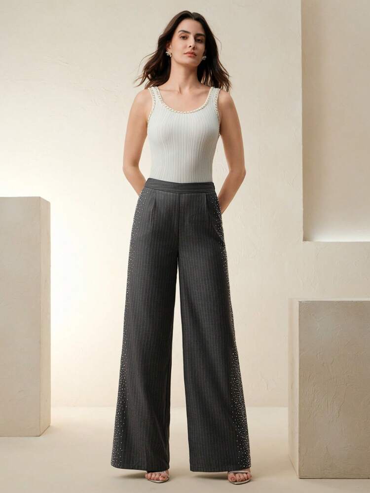 Women's New Style Wide-Leg Grey Rhinestone Embellished Pants, Straight Cut