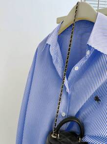 INAWLY 大码女式休闲 T 恤，落肩长袖单排扣条纹设计 - 藍色 - 查看 5