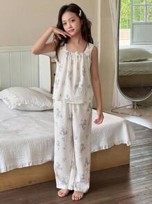 DAZY Conjunto de top de camisa y pantalones con estampado floral pequeño para niña preadolescente, ropa de regreso a la escuela
