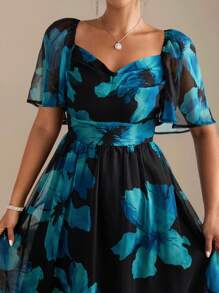 Chikora Vestido elegante de gasa con estampado floral de talla grande, verano, romántico y elegante, vestido verde oscuro - Negro - Ver 4