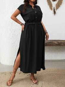 Breezaya Plus Size Women's Elegant Minimalist Utility Drawstring Waist Dress With Side Slit, Suitable For Work, Casual, Vacation, Spring/Summer