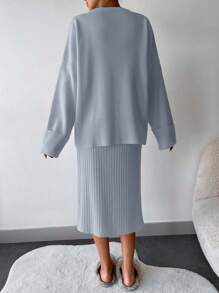 EURMUSE Solid Drop Shoulder Tee & Ribbed Knit Skirt - Baby Blue - View 2
