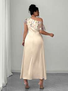 Elenzga Đầm thanh lịch cổ lưới xếp nếp cho nữ cỡ lớn - Rượu sâm banh - Xem 2