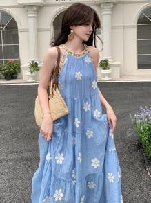 DAZY Đầm midi không tay in hoa kiểu Hàn Quốc dành cho nữ, trang phục đi nghỉ mát, trang phục du lịch biển cho nữ. - Màu xanh lam - Xem 3