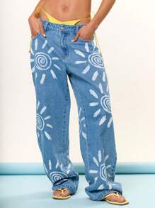 MUSERA Low Rise Solar Sun Print Washed Denim Wide Leg Jeans Summer Vacation Holiday Festival Cute Casual Elegant Tuscan Sun Concert Beach 4th July