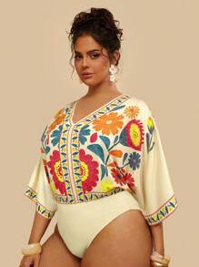 Travachic Combinaison ample à manches trois-quarts avec col en V et imprimé floral tropical pour femmes grandes tailles, tenue décontractée pour les vacances - Multicolore - Voir 4