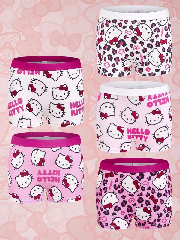 HELLO KITTY AND FRIENDS | SHEIN 5pcs Tween Girl Fuchsia Pink Cartoon Kitty And Leopard Printed Elastic Waistband Boxer Undershirt, Girl Boxers Set,Soft & Comfortable,Cute,Sweet