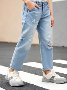 Jeans vaqueros desgastados de color claro versátiles y casuales para niños preadolescentes, adecuados para uso diario y exterior
