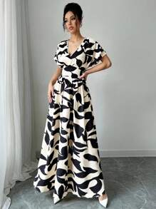 Elenzga V 领花卉束腰修身花卉印花长裙，适合春夏季女士穿着，优雅的春夏/秋冬季节，音乐会女装，优雅的晚礼服，适合日常、通勤、婚礼季/音乐节 - 杏色 - 查看 5