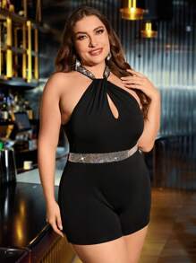 Gownix Plus Contrast Sequin Keyhole Back Halter Romper - Black - View 3