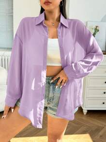 SHEIN EZwear Plus Size Women's Casual Lightweight Sheer Loose Long Sleeve Open Front Blouse, Suitable For Summer, Fall, Beach, Vacation, Daily Wear,Business Casual Woman - Violet Purple - View 6