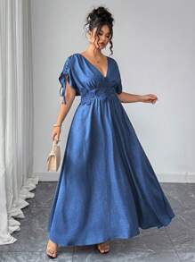 Elenzga Robe longue ample femme de grande taille, col V, taille resserrée par cordon, imprimé floral, élégante et casual pour tous les jours - Bleu azur - Voir 6