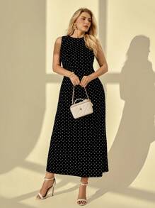 Auralis 大码女士春夏时尚优雅舒适黑色波点后背镂空长裙，婚礼宾客礼服女士，黑色连衣裙优雅大方