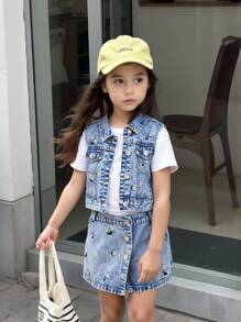 Young Girls Denim Two Pieces Outfits - Light Wash - View 1