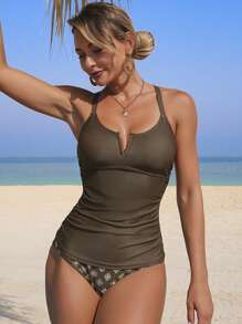 Swim Lushoire Top de bikini style camisole pour femmes avec imprimé floral couleur café, soutien et affinant, nouveau maillot de bain pour la plage et le surf - Tabac - Voir 4