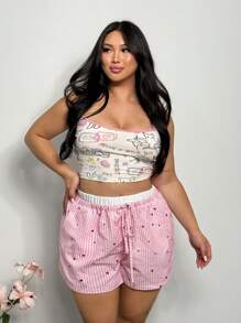 Firerie Plus Size Women Casual Loose Shorts With Elegant Color Blocking, Heart Stripes Print, Suitable For Spring/Summer, Vacation & Home, Comfy - Pink - View 6