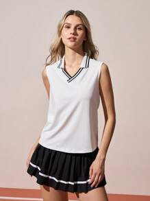 CourtClass 女士条纹无袖休闲健身运动 Polo 衫健身上衣女士健身服女士运动装女士服装运动女士高尔夫装