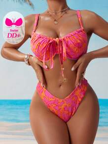 Swim DD+ Set Bikini Wanita Motif Cetak Seluruh Permukaan DD+ Push Up untuk Liburan Pantai Musim Panas - MultiWarna - View 3