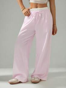 SHEIN PETITE Women's Casual Solid Color Pink Striped Contrast Waist Long Pants,Vacation Outfits Woman Fashionable For Daily Wear