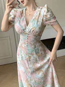 Modelyn Women's Slim Fit Mini Dress With Cross Neckline Decor Pearl Buttons & Puff Sleeves