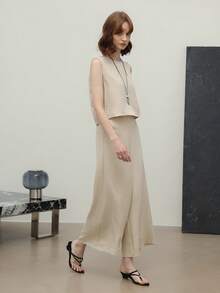 EMERY ROSE Conjunto De Dos Piezas Para Mujer: Chaleco De Cuello Redondo Y Pantalones Anchos De Un Solo Color