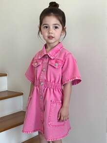 Vestido vaquero para niñas de Denimly, vestido vaquero versátil de moda casual para usar al aire libre y en la escuela, con botones delanteros y cintura elástica