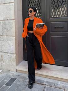 SHEIN Cottnline Cable Knit Drop Shoulder Duster Cardigan - Orange - View 5