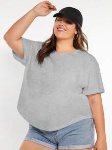 SHEIN BASICS Áo thun trơn cổ tròn tay ngắn thường ngày cỡ lớn cho nữ, mùa hè - Xám - Xem 1