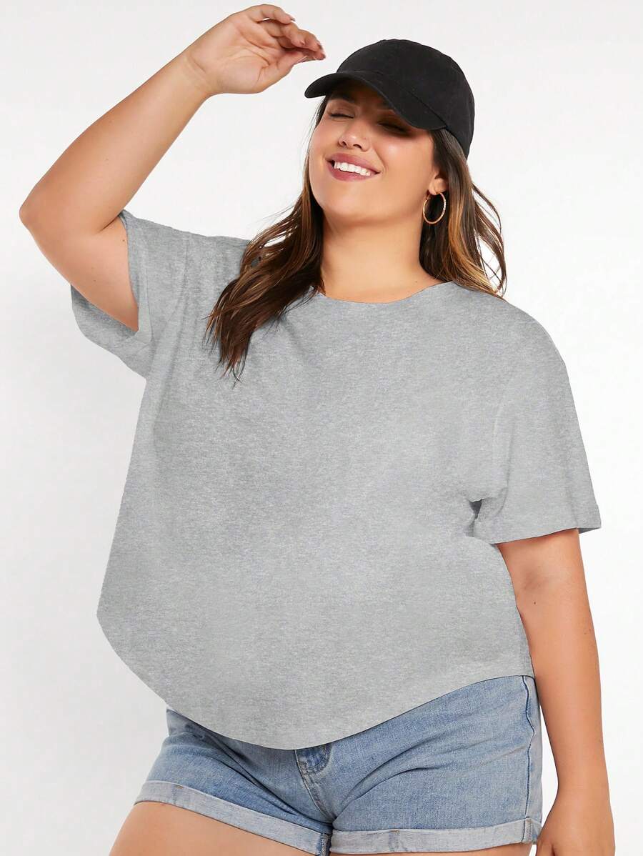SHEIN BASICS Áo thun trơn cổ tròn tay ngắn thường ngày cỡ lớn cho nữ, mùa hè - Xám - Xem 1