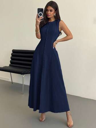 SHEIN Privé Summer New Women Elegant Simple Commute Casual Outdoor Travel Vacation Blue Sleeveless Front Button A-Line Midi Dress Navy Blue