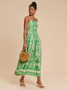 Travachic 女士热带植物印花细肩带A字连衣裙，适合度假