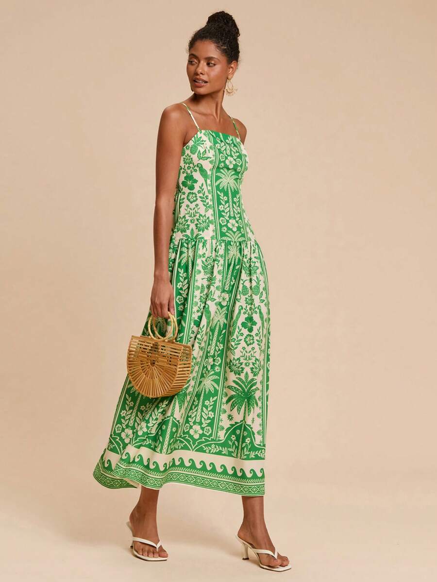 Travachic 女士热带植物印花细肩带A字连衣裙，适合度假