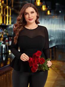 Reflora Áo thun đen dáng rộng cho nữ, chất liệu lưới, viền bèo nhún, thích hợp cho mùa xuân, đám cưới hoặc ngày Valentine. - màu đen - Xem 2