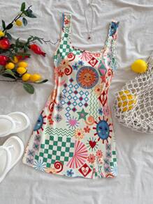 Soleia 加大码趣味图案 U 领露背迷你连衣裙，适合度假、音乐节、波西米亚风、节日、约会、下午茶 - 彩色 - 查看 5
