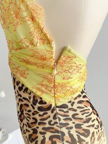 Soleia 度假蕾丝拼布豹纹花卉印花黄色露背鱼尾超长紧身连衣裙