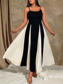 Roveilla 大码女式黑白拼色花卉图案无袖优雅长裙，适合春夏季长款女装舞会 - 黑與白 - 查看 4