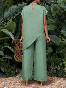 SHEIN Lady 大码女式纯色立领蝙蝠袖短袖不对称下摆衬衫和阔腿裤休闲两件套 - 薄荷綠 - 查看 2