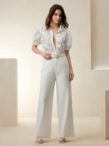 Anewsta Blusa estiva da donna a maniche a palloncino in tessuto jacquard semi-trasparente con lavorazione traforata - Bianco - Visualizzare 7