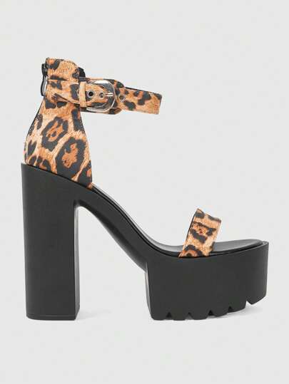 Grunge Punk Women's Fashion Leopard Print Strap Sandals, Summer Gothic Punk Style Metal Buckle Open Toe Stylish Shoes