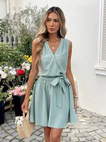 SHEIN LUNE Robe mini unie texturée à lacets sans manches pour femme, tenue quotidienne de base, convient pour les trajets et les sorties en été